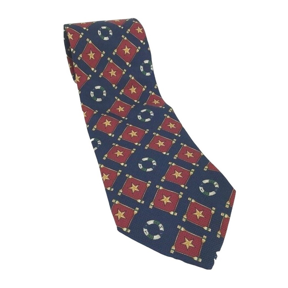 Vtg Tommy Hilfiger Mens Silk Tie Stars Nautical Life Preservers Red Gold Navy